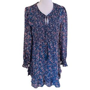 Francesca's Blu Rain Ditsy Floral Teal Background Smocked Babydoll Dress